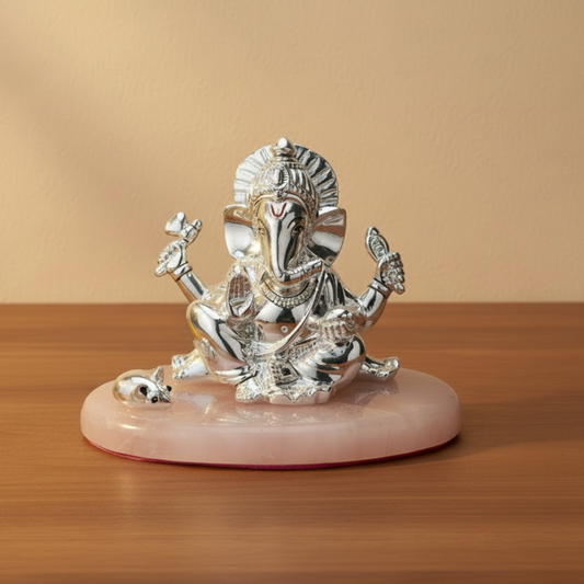 Silver Ganesha Namah on Rose Quartz Stone Base
